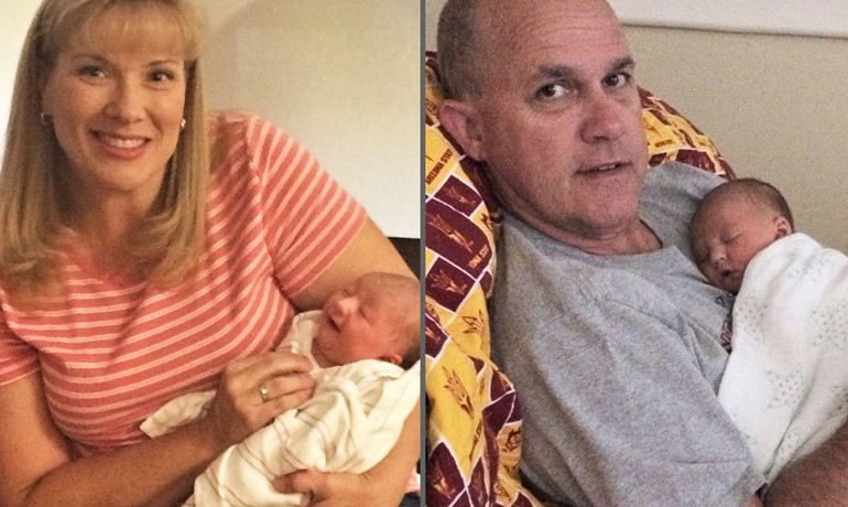 Jeanine Lavine holding granddaughter Ellie, and Kent Lavine holding his granddaughter Ellie