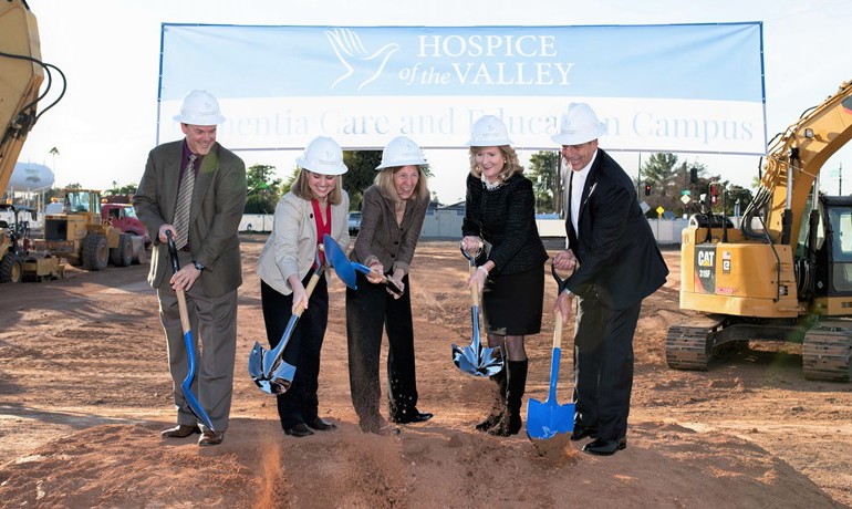 Dieter Gable, Kate Gallego, Dr. Gillian Hamilton, Debbie Shumway, and Sal DiCiccio with shovels and hard hats