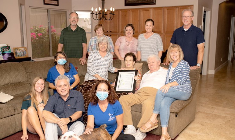 Melba Deal, Bob Deal, and family with social worker Lisa Maddock and nurse Susan Young